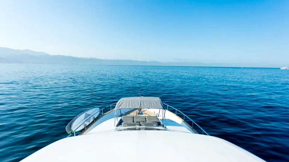 View from a superyacht bow toward the open horizon