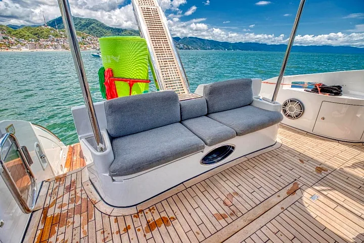 Cockpit lounge seating aboard the Azimut 58 Fly